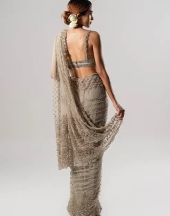 Tan Tulle Sari With 3D Petal Aanchal And Beaded Blouse