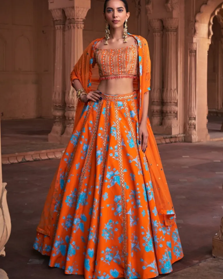 Tangerine Floral Print & Highlighted Lehenga Set
