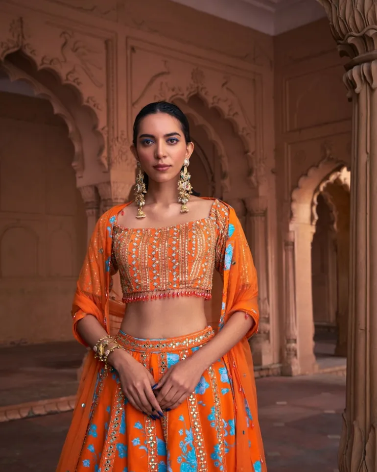 Tangerine Floral Print & Highlighted Lehenga Set