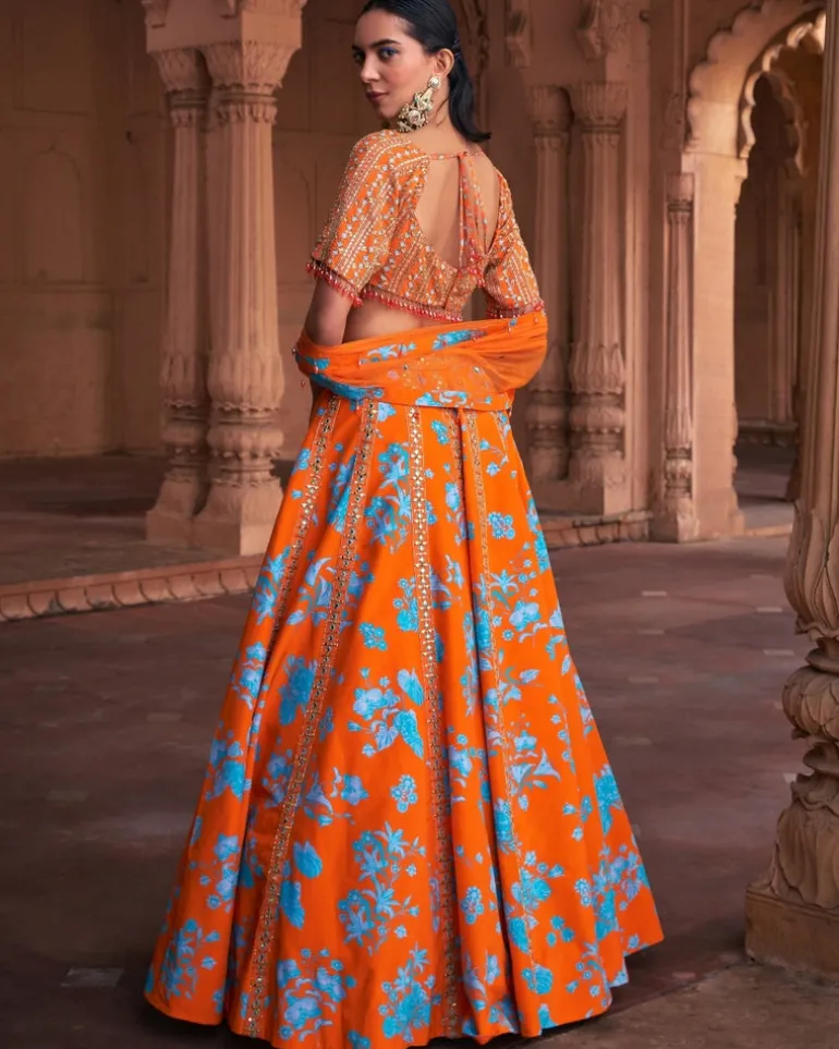 Tangerine Floral Print & Highlighted Lehenga Set