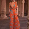 Tangerine Floral Print and Highlighted Pant Sari Set
