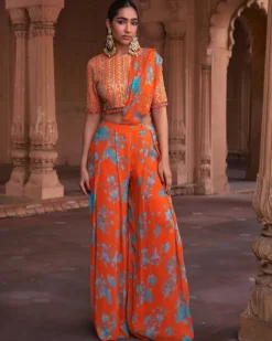 Tangerine Floral Print and Highlighted Pant Sari Set