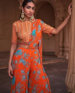 Tangerine Floral Print and Highlighted Pant Sari Set