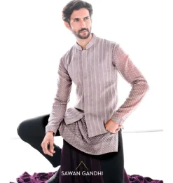 Taupe Cutdana Lines Nehru Jacket Set
