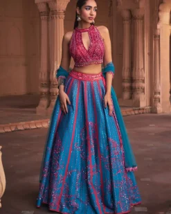 Teal Big Floral Print and Embroidered Lehenga Set
