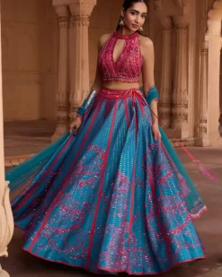 Teal Big Floral Print and Embroidered Lehenga Set