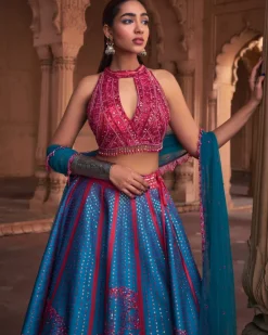 Teal Big Floral Print and Embroidered Lehenga Set