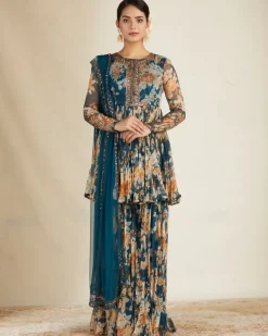 Teal Blue Chiffon Floral Peplum Set