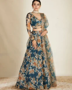 Teal Blue Chiffon Floral Lehenga Set