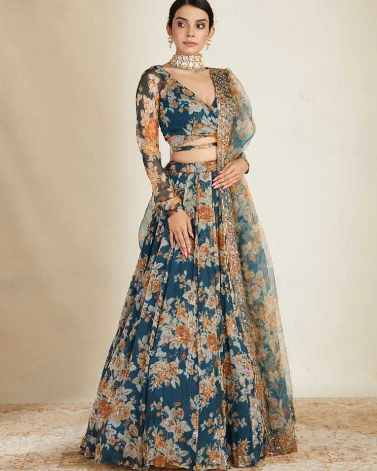 Teal Blue Chiffon Floral Lehenga Set