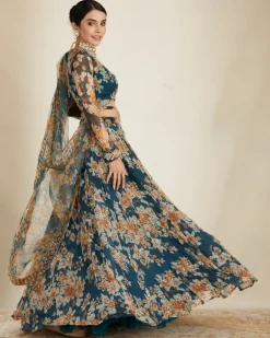 Teal Blue Chiffon Floral Lehenga Set