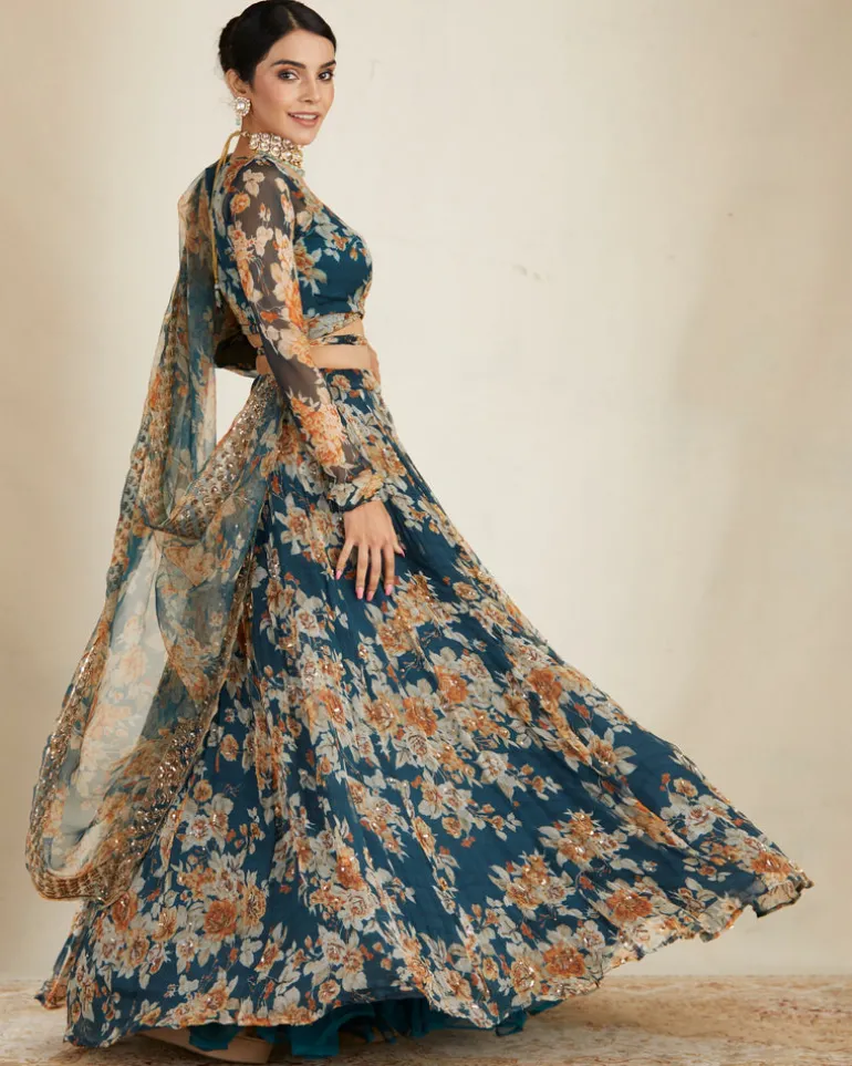 Teal Blue Chiffon Floral Lehenga Set