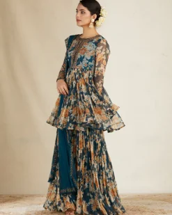Teal Blue Chiffon Floral Peplum Set
