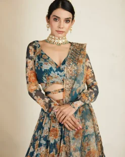 Teal Blue Chiffon Floral Lehenga Set