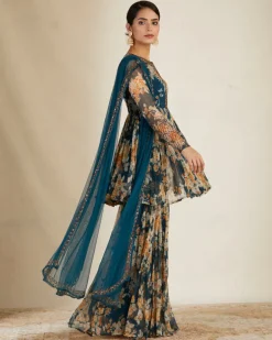 Teal Blue Chiffon Floral Peplum Set