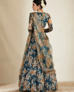 Teal Blue Chiffon Floral Lehenga Set