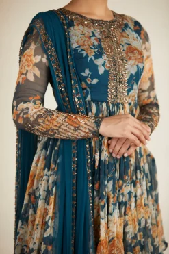 Teal Blue Chiffon Floral Peplum Set