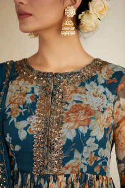 Teal Blue Chiffon Floral Peplum Set