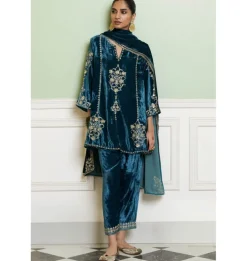 Teal Blue Embroidered Velvet Short Kalidar Kurta Set