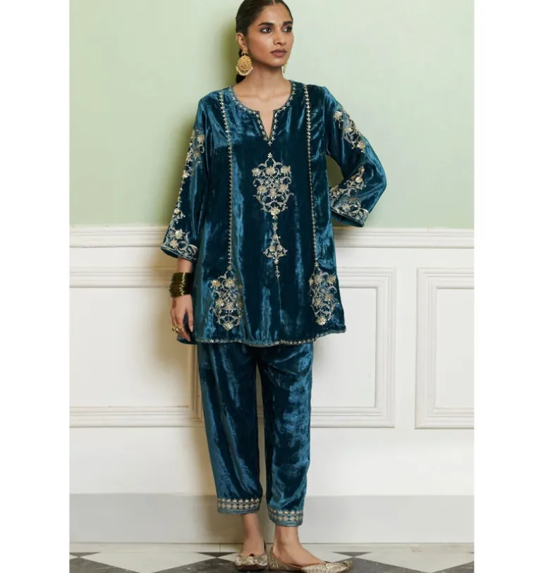 Teal Blue Embroidered Velvet Short Kalidar Kurta Set