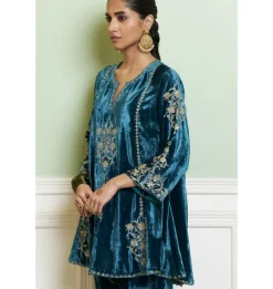 Teal Blue Embroidered Velvet Short Kalidar Kurta Set