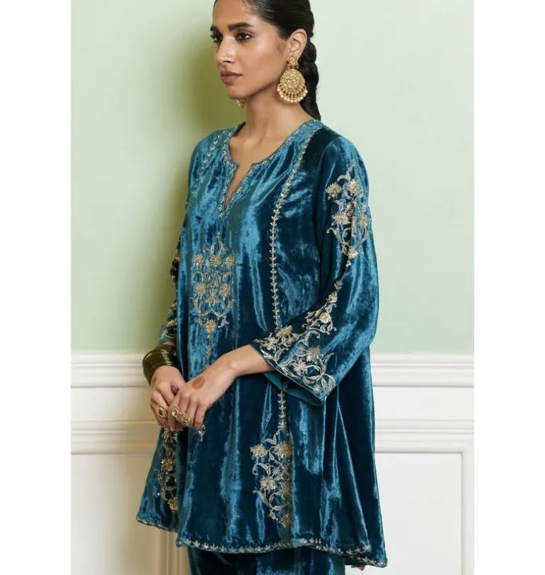 Teal Blue Embroidered Velvet Short Kalidar Kurta Set