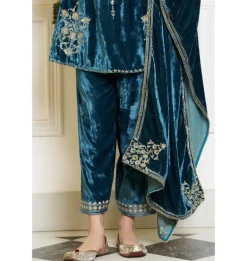 Teal Blue Embroidered Velvet Short Kalidar Kurta Set