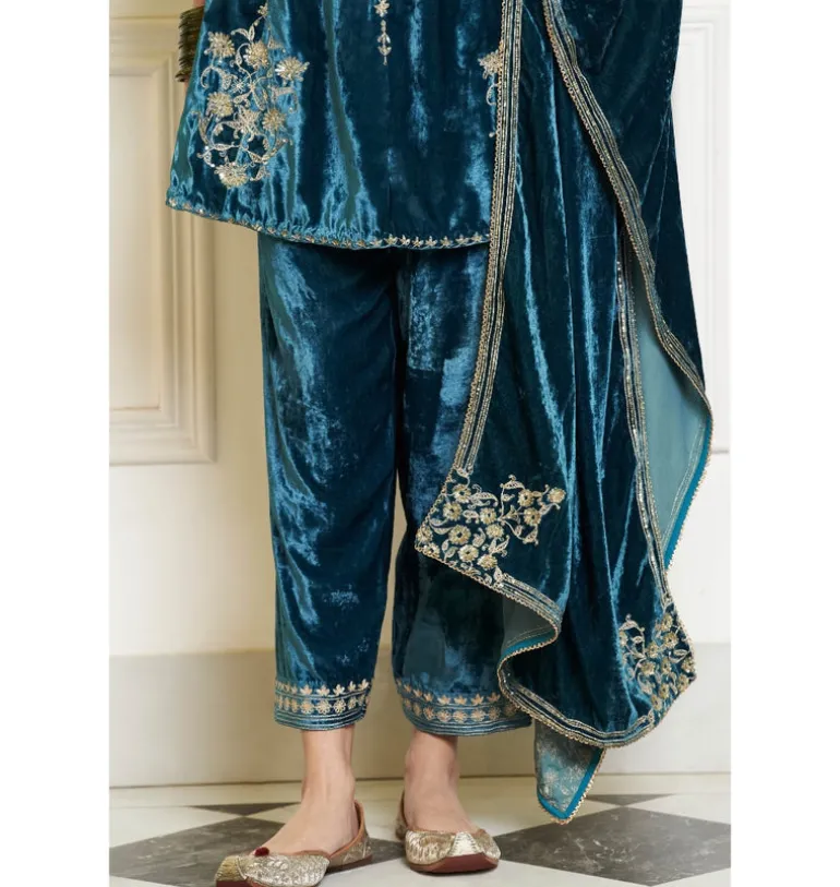 Teal Blue Embroidered Velvet Short Kalidar Kurta Set
