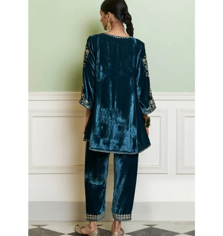 Teal Blue Embroidered Velvet Short Kalidar Kurta Set