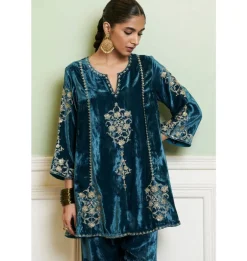 Teal Blue Embroidered Velvet Short Kalidar Kurta Set