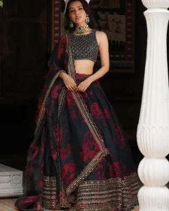 Teal Blue Floral Lehenga Set