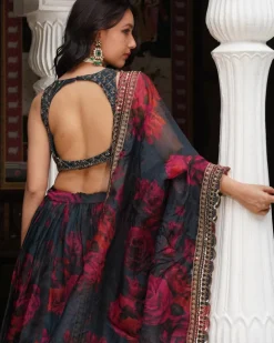 Teal Blue Floral Lehenga Set