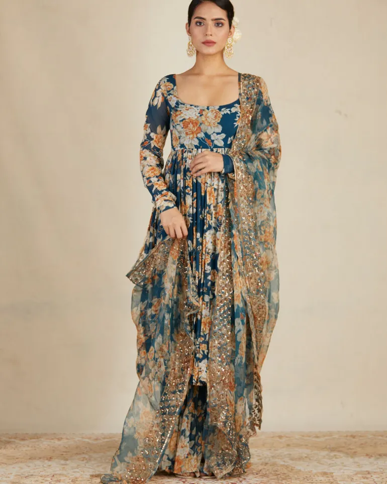 Teal Blue Georgette Floral Anarkali Set