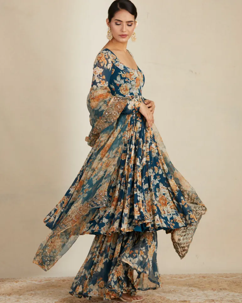 Teal Blue Georgette Floral Anarkali Set