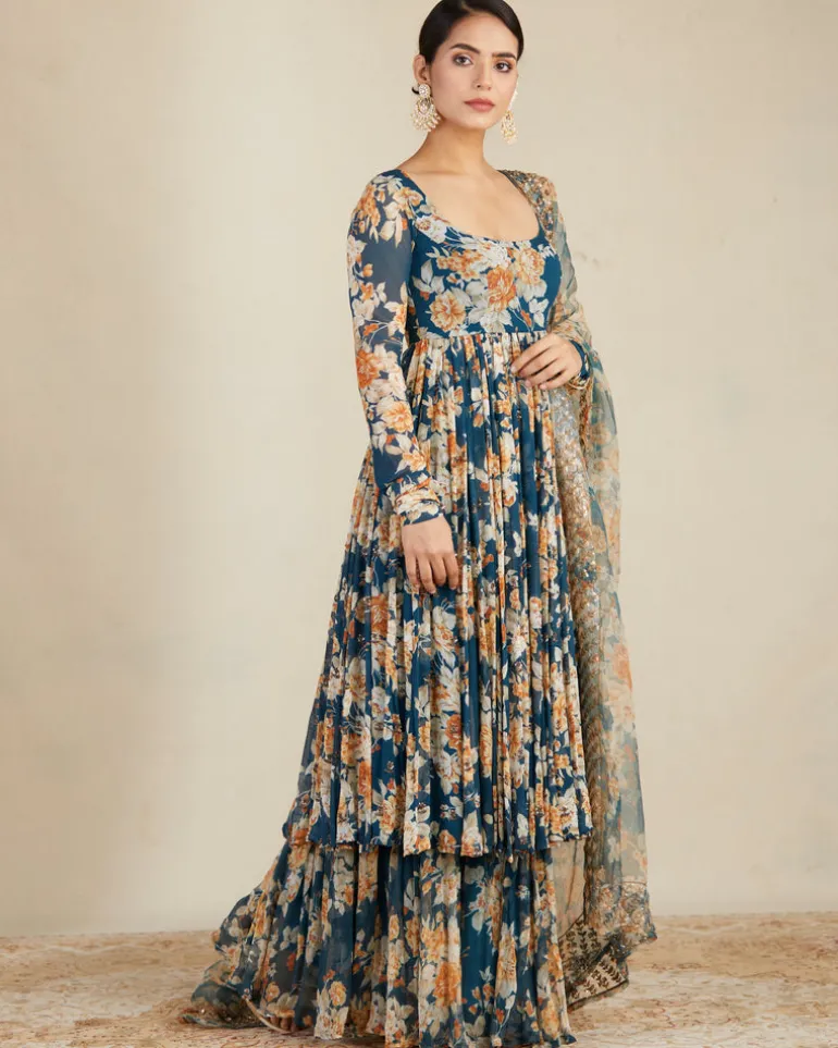 Teal Blue Georgette Floral Anarkali Set