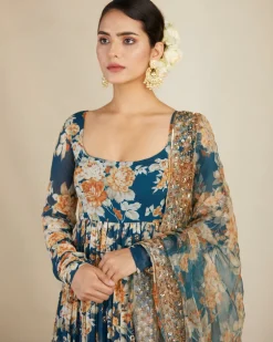 Teal Blue Georgette Floral Anarkali Set