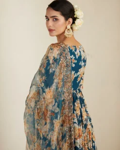 Teal Blue Georgette Floral Anarkali Set