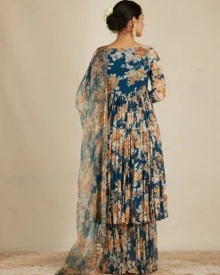 Teal Blue Georgette Floral Anarkali Set