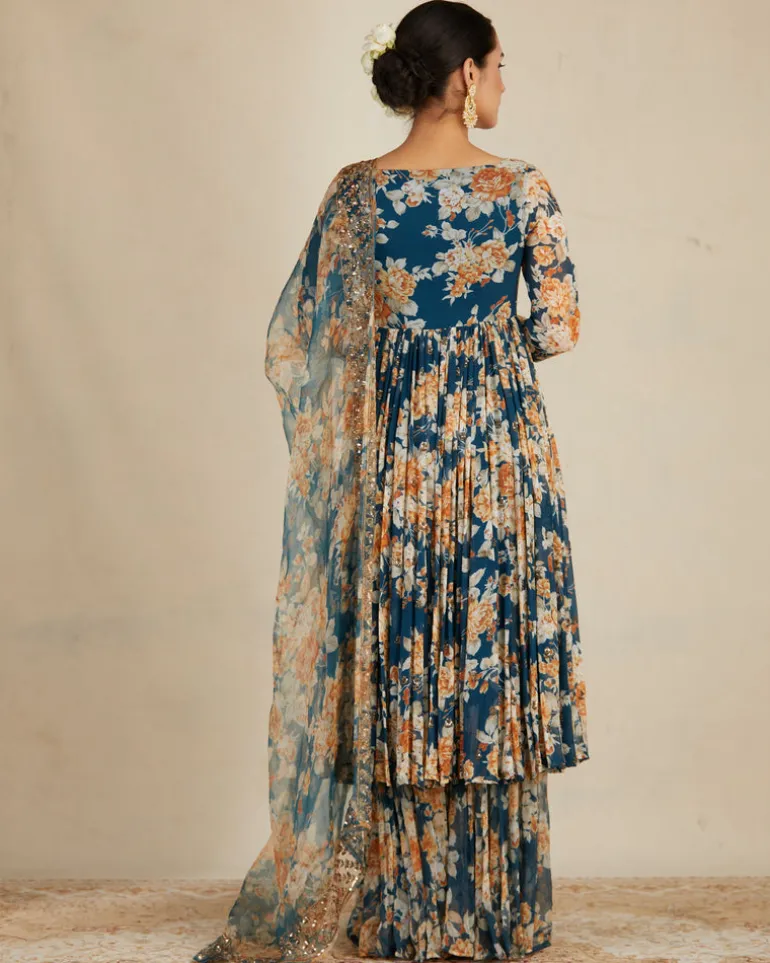 Teal Blue Georgette Floral Anarkali Set