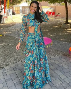 Teal Blue Jaal & Floral Pant Sari