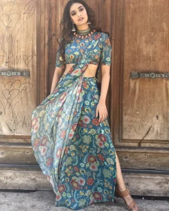 Teal Blue Jaal & Floral Pant Sari