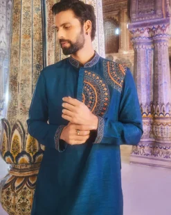 Teal Blue One Side Embroidered Kurta Set