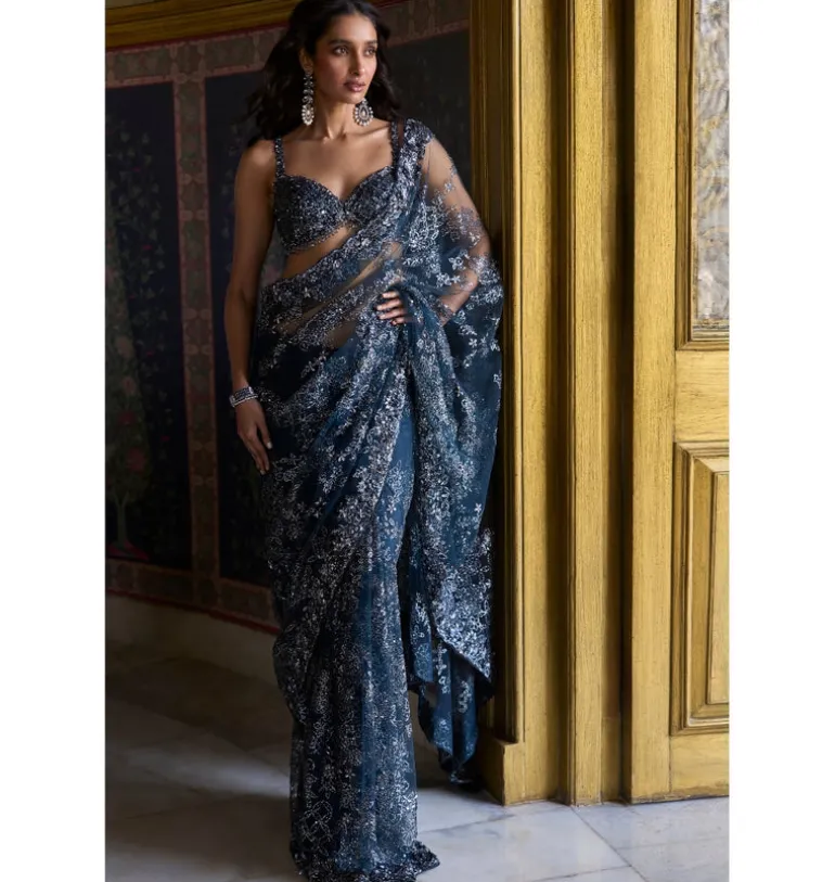 Teal Blue Sequin Sari