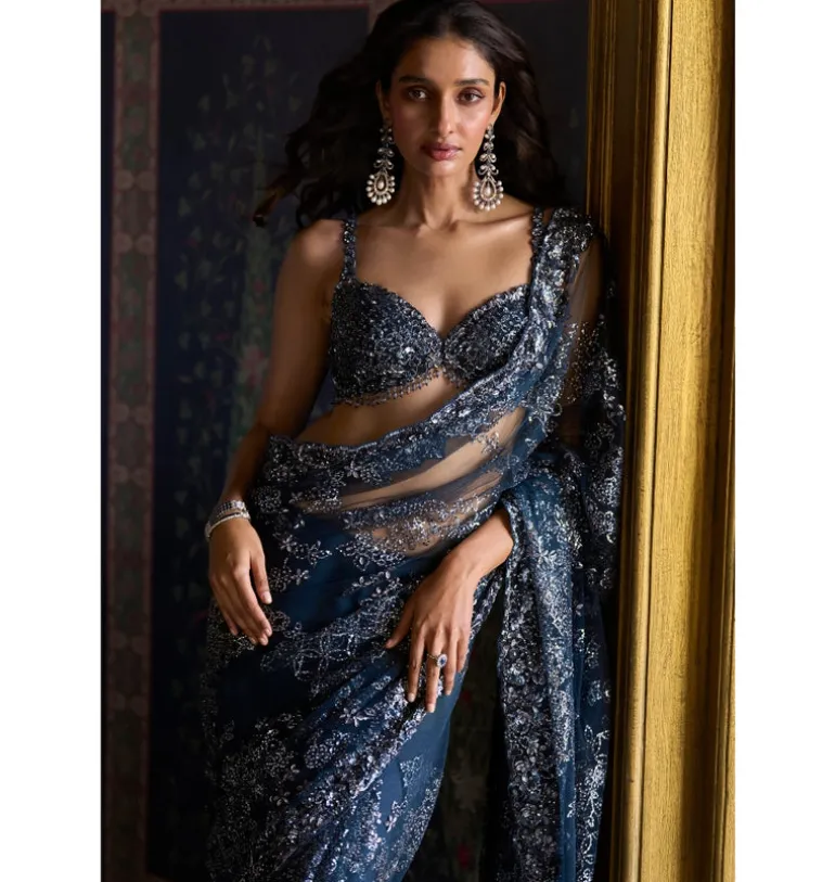 Teal Blue Sequin Sari