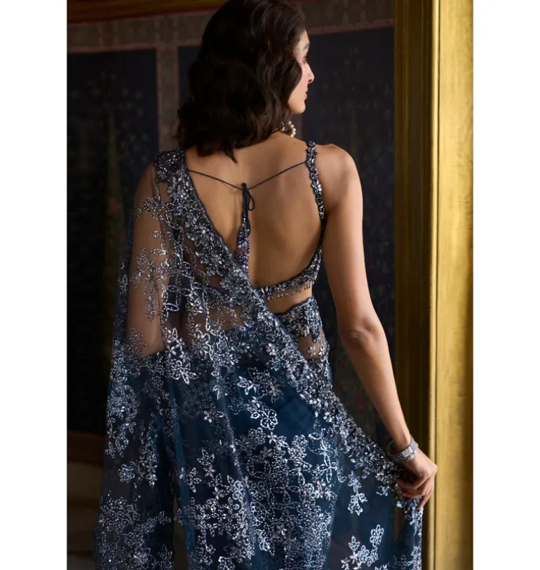 Teal Blue Sequin Sari