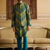 Teal Chevron Print & Embellished Kurta With Solid Teal Pants