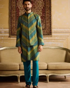 Teal Chevron Print & Embellished Kurta With Solid Teal Pants