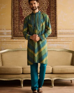 Teal Chevron Print & Embellished Kurta With Solid Teal Pants