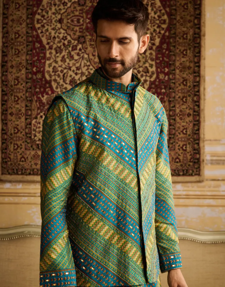 Teal Chevron Print & Embellished Kurta With Solid Teal Pants