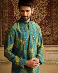 Teal Chevron Print & Embellished Kurta With Solid Teal Pants